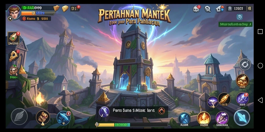 Tangkapan layar gameplay menampilkan menara yang melawan gelombang musuh.