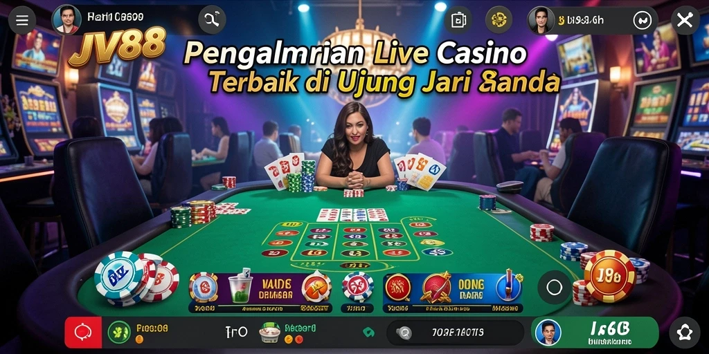 Screenshot gameplay Live Casino JV88 menunjukkan dealer dan meja permainan yang menarik.