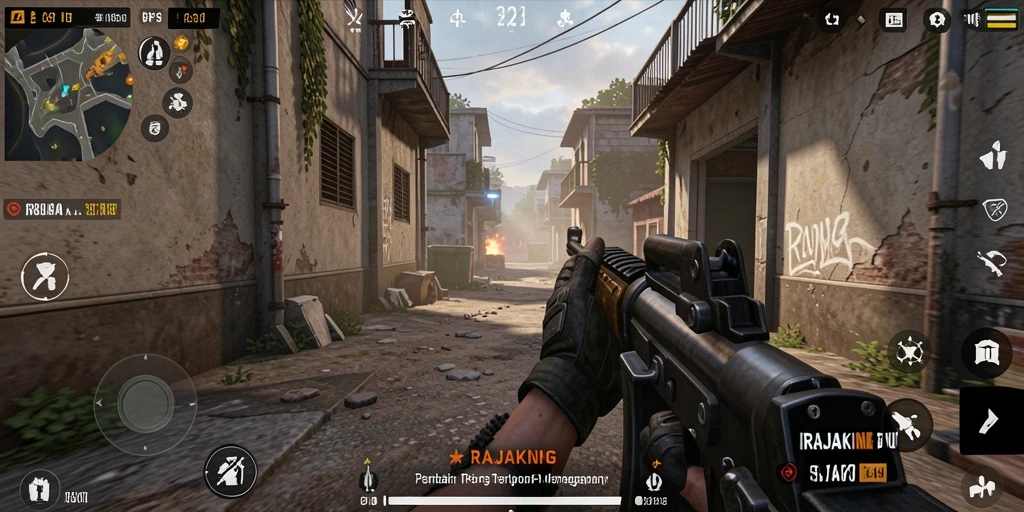 Tampilan menegangkan dalam gameplay RAJAKING FPS yang seru.